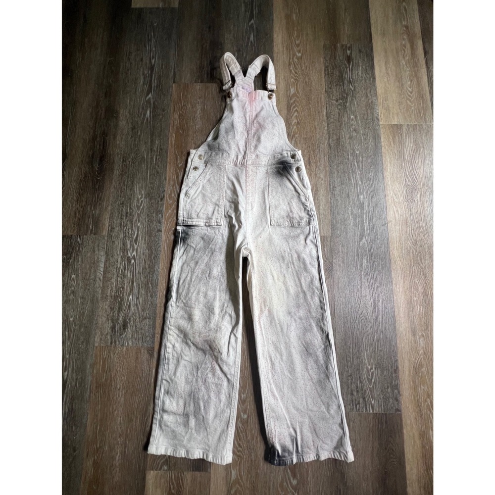 MNG Mango Denim Overalls Womens Medium White Red Black Paint Splatter Wide Leg